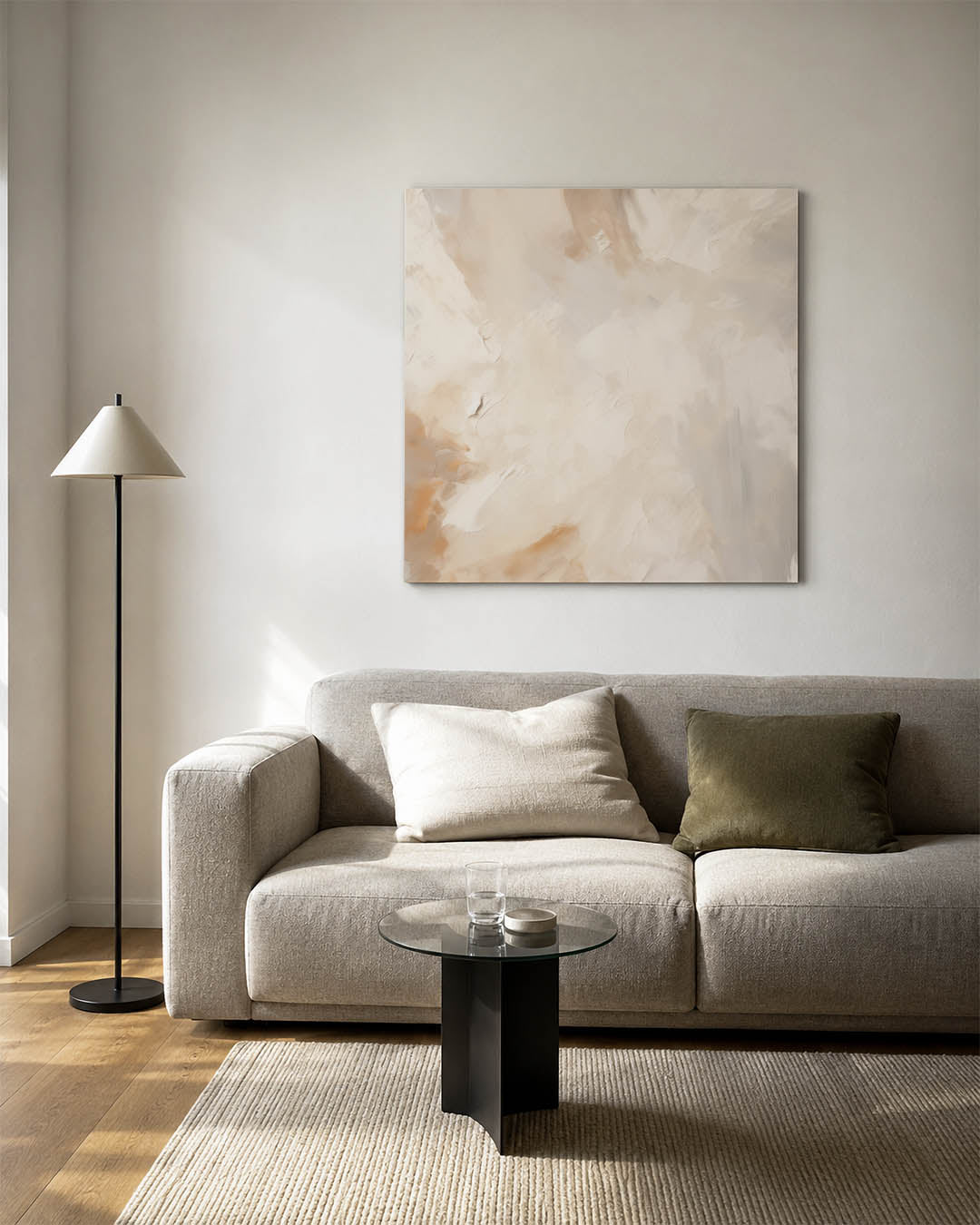 Zachte kleuren vormen kunstwerk – vierkante wanddecoratie – dit werk toont een subtiele mix van beige en wit, met vloeiende