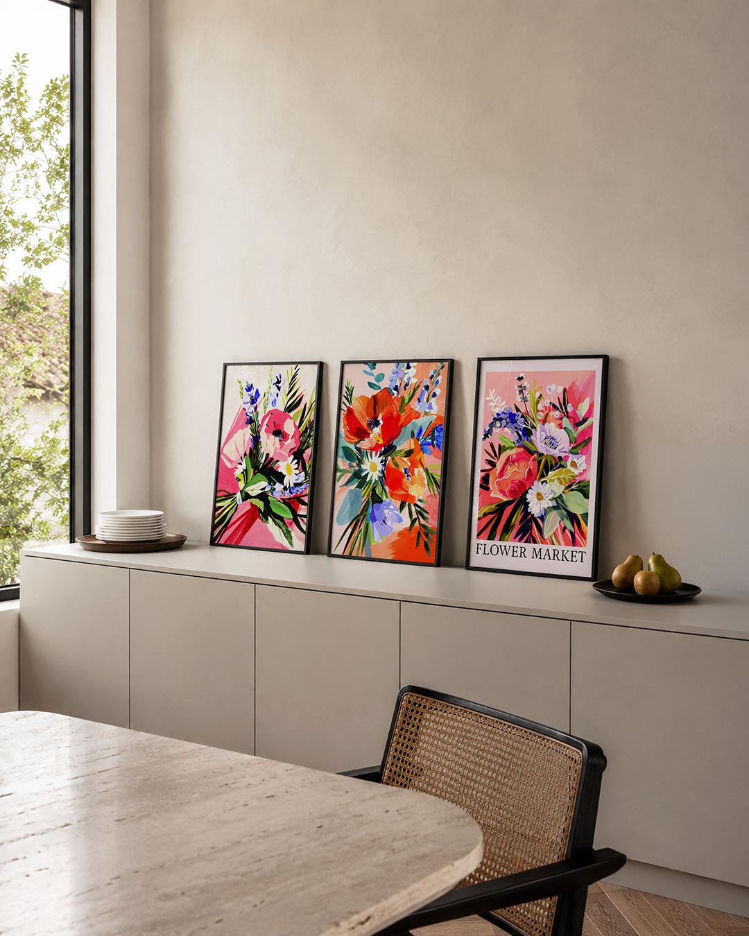 Bloemen en kleuren posterset – detailweergave – deze posterset in drie delen toont levendige bloemen in een