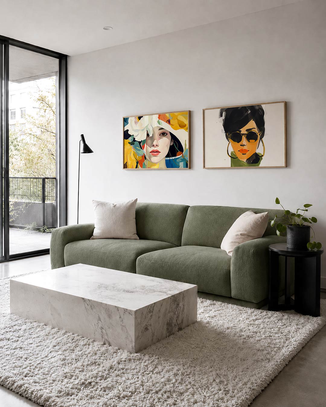 Tweedelige posterset met een vrouwelijk gezicht omringd door grote, kleurrijke bloemen, getoond in een interieur