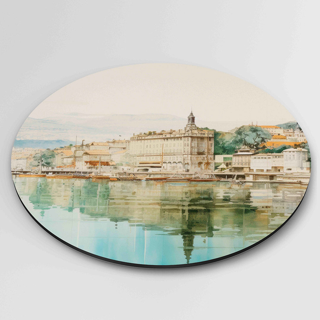 Stad aan het water – moderne ronde wanddecoratie van WallArtistic