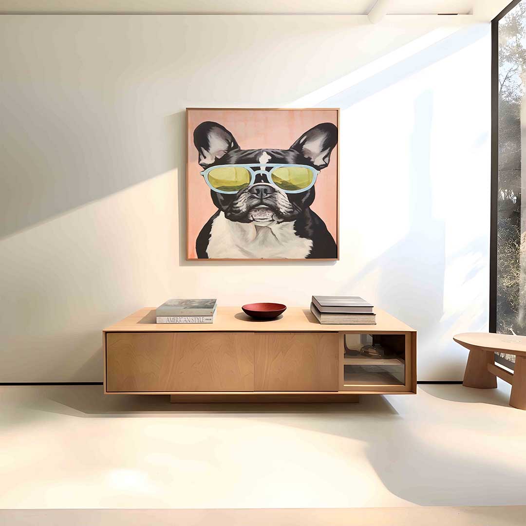 Hond met zonnebril – vierkante dieren wanddecoratie van WallArtistic