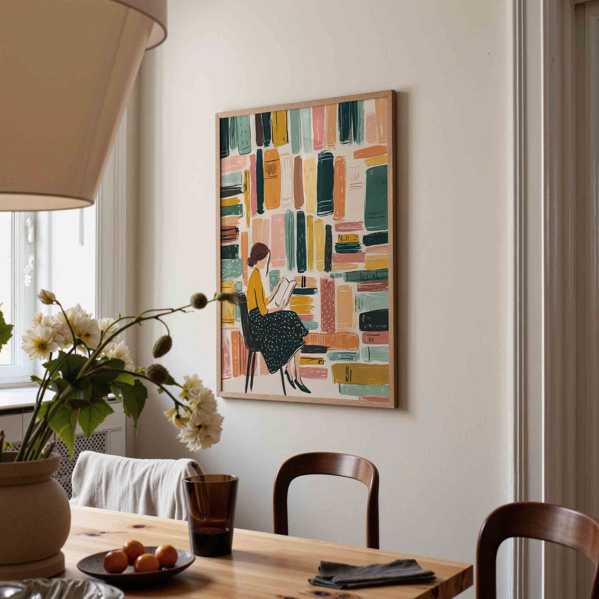 Lezende vrouw met boeken – eigentijdse illustratie poster in staand formaat