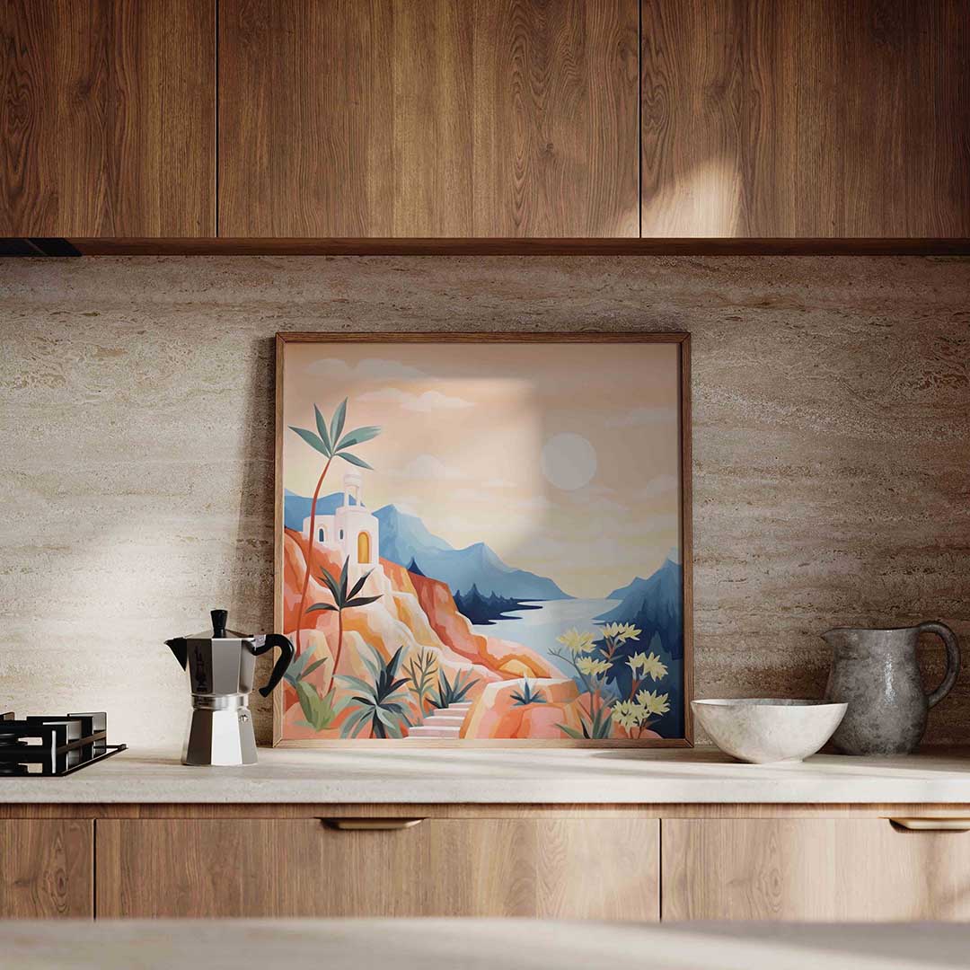 Zonnige kustlandschap – culinaire wandkunst als vierkante poster