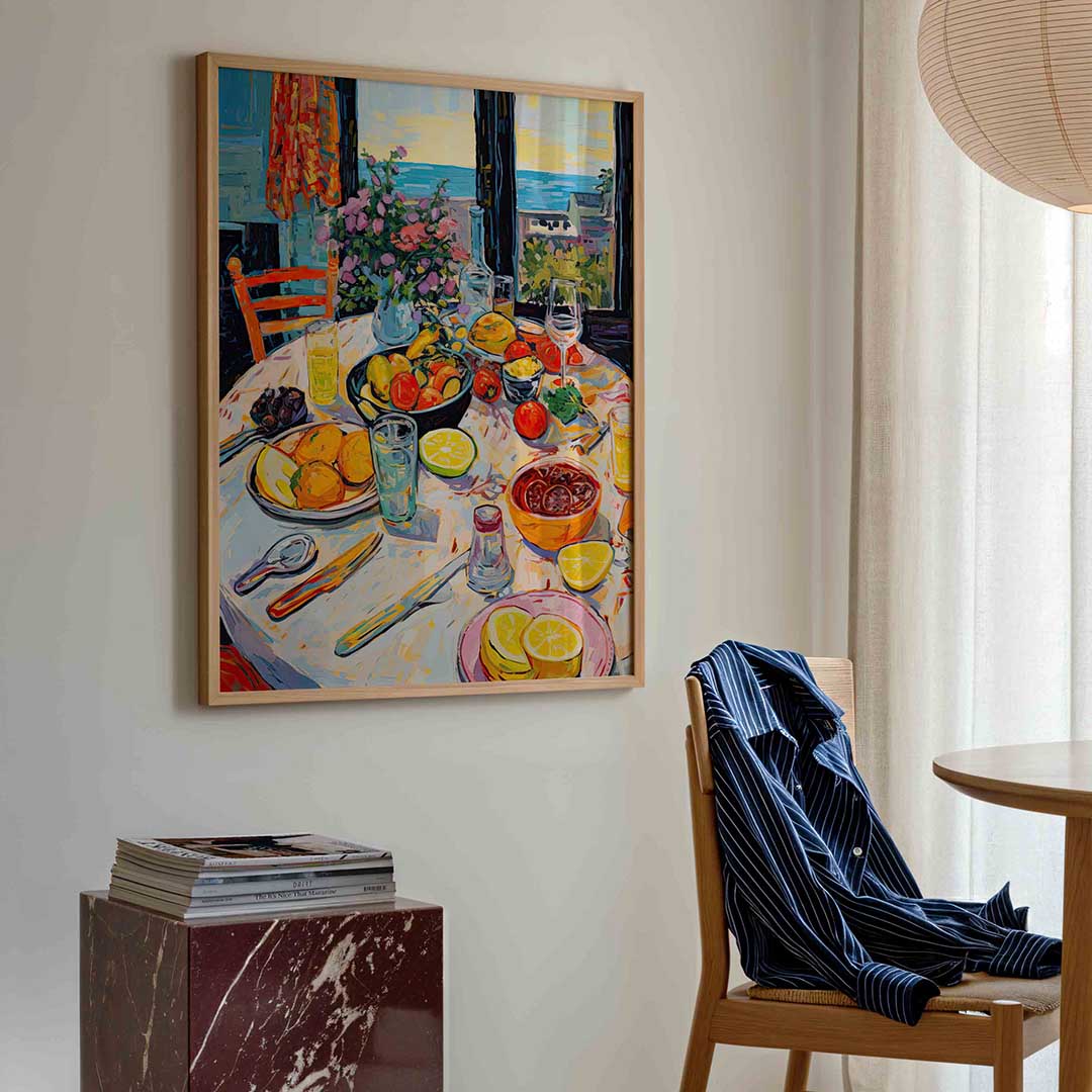Fruit en bloemen tafel – kleurrijke illustratie poster in staand formaat