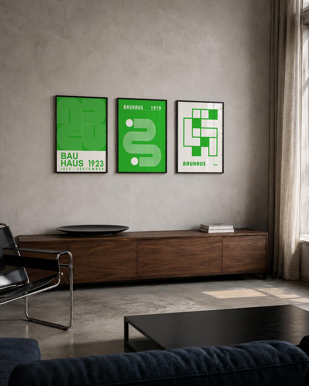 Lijnen en kleurvlakken driedelige posterset – deze posterset in drie delen toont een levendig spel van groene en witte