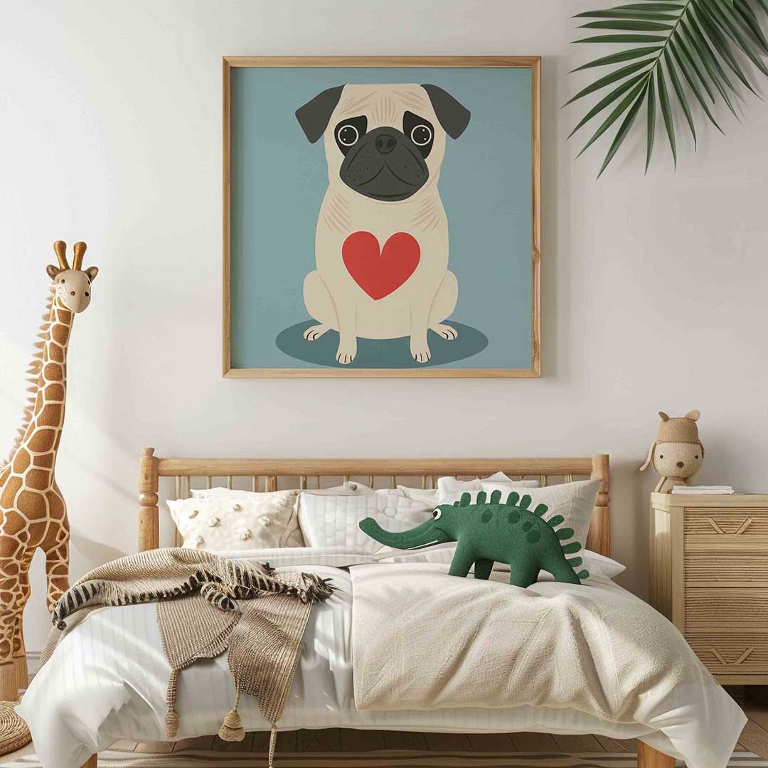 Mopshond met hart – vierkante kinderkamer wanddecoratie van WallArtistic
