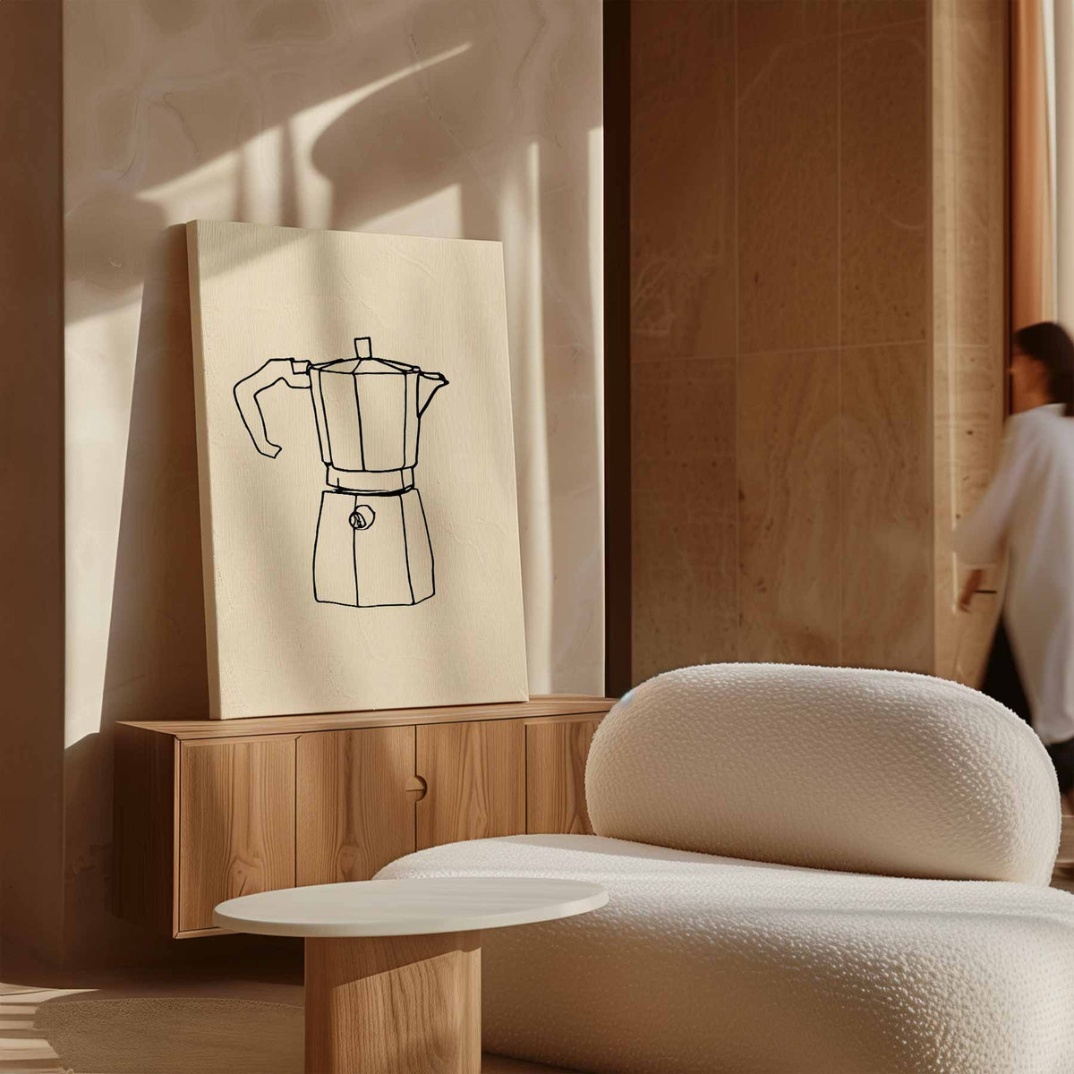 Minimalistische Mokkakan Tekenkunst – dibond kunstwerk als wanddecoratie