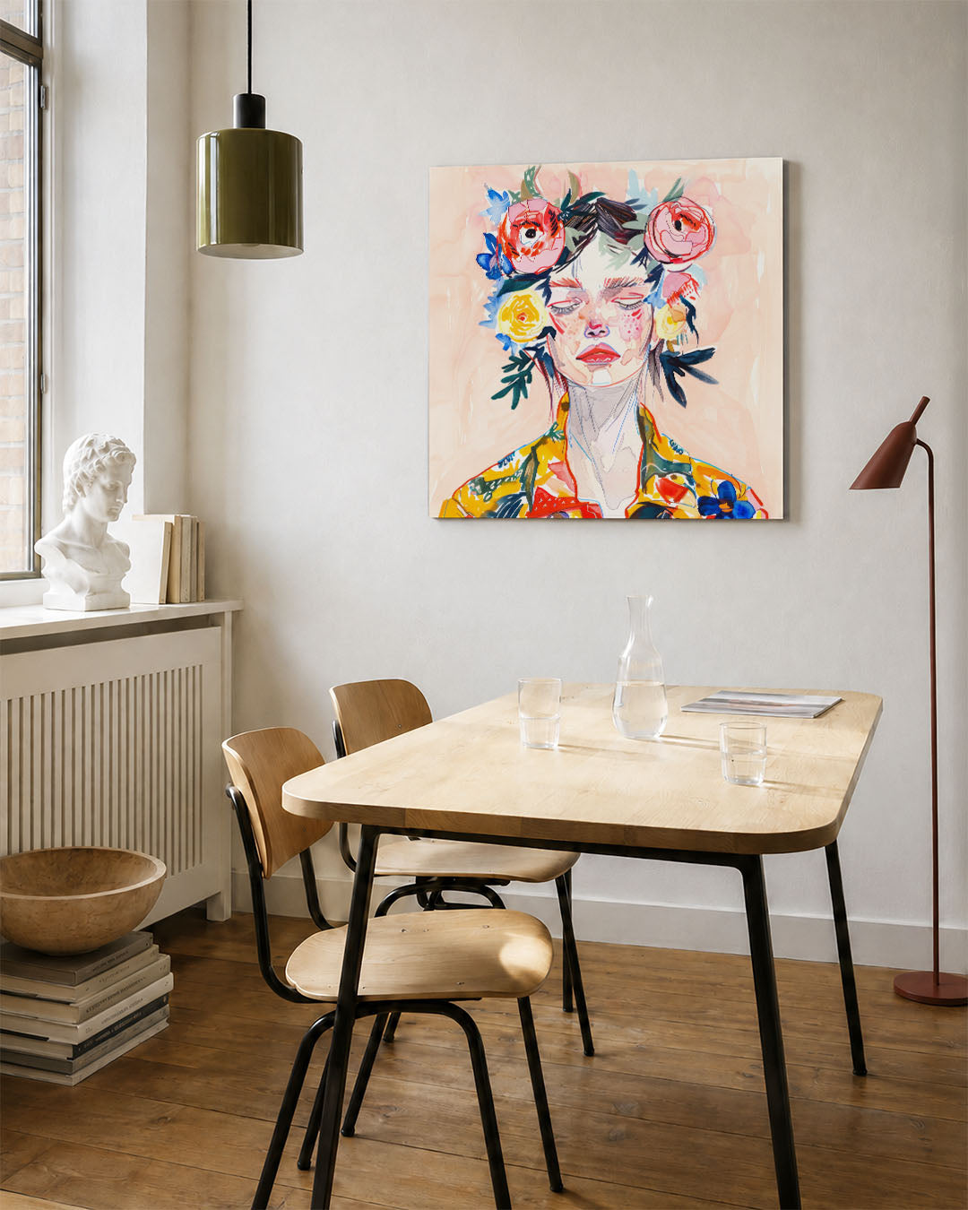 Bloemrijke portret kunstwerk – vierkante wanddecoratie – dit werk toont een vrouwelijk portret met bloemen in het haar. De