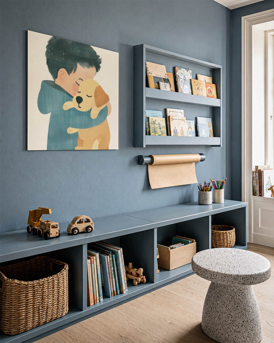 Knuffelende vrienden kunstwerk – detailweergave – dit kunstwerk toont een kind dat een hond omarmt. De zachte lijnen en warme