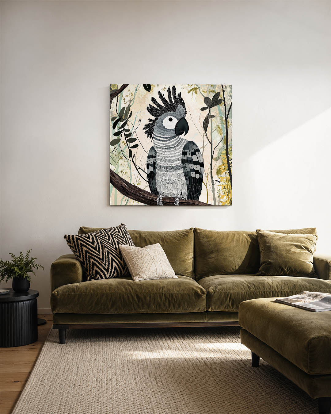 Vogelsilhouet in jungle kunstwerk – sfeerbeeld – dit werk toont een gedetailleerde vogel met zwart-witte veren, omringd door