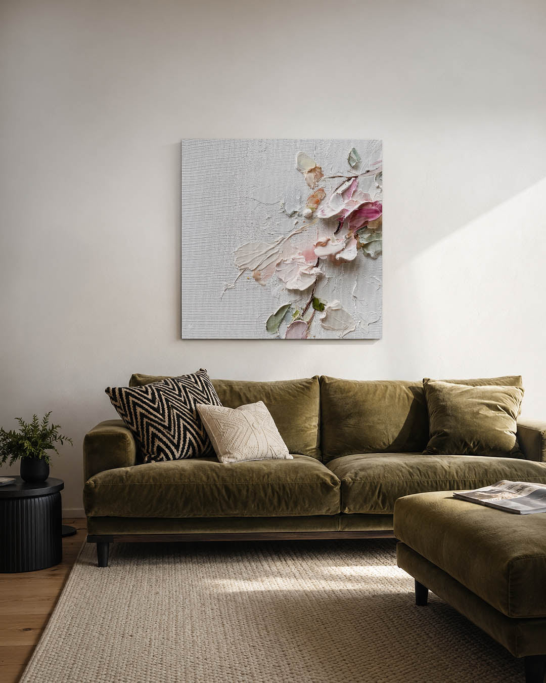 Bloemtextuur op doek kunstwerk – derde productweergave – dit werk toont een subtiele compositie van bloemen in zachte tinten