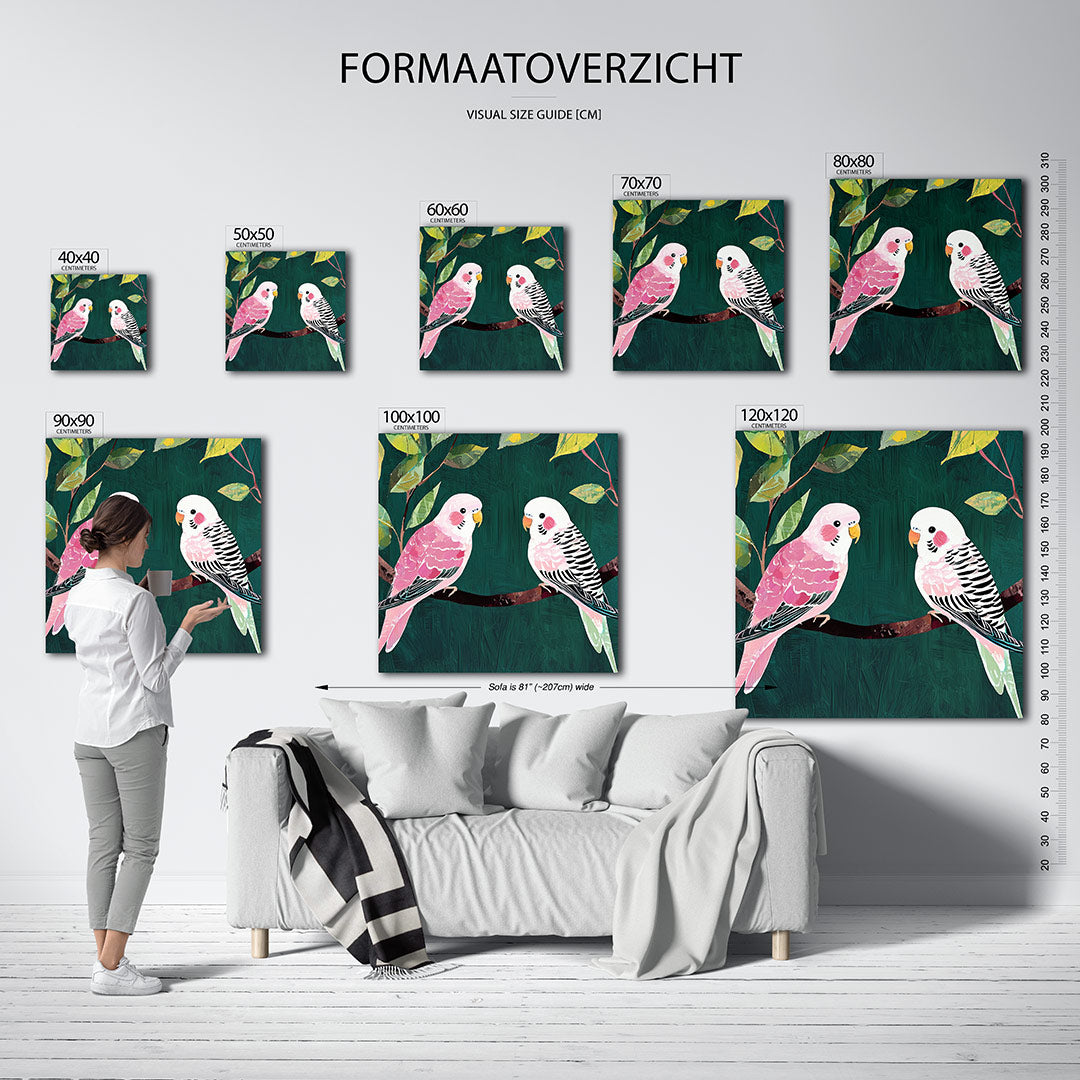 Vogels op tak kunstwerk – dit werk toont twee kleurrijke vogels op een tak, omringd door bladeren. De levendige kleuren en