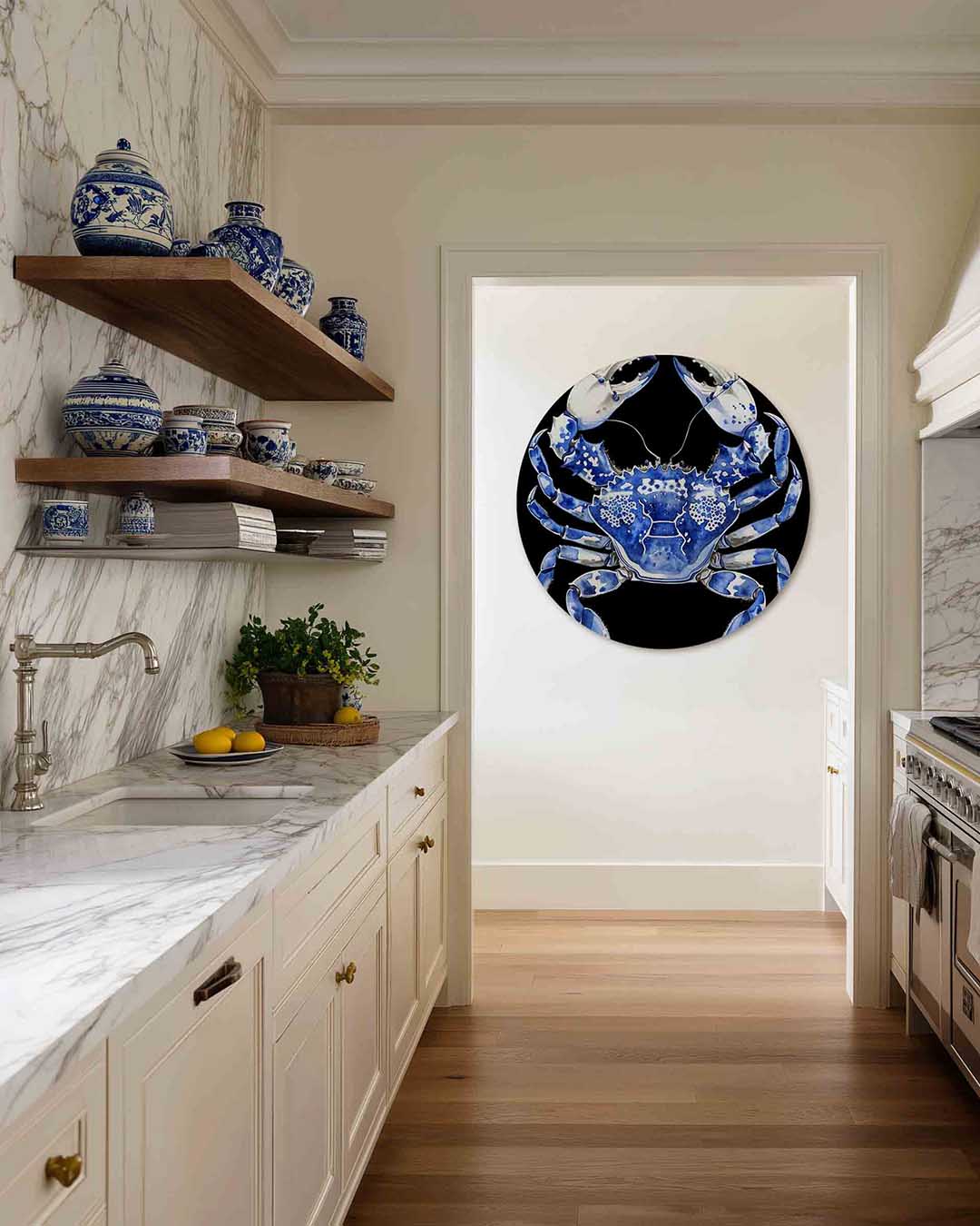 Blauwe krab – kleurrijke Pop Art muurcirkel voor aan de muur