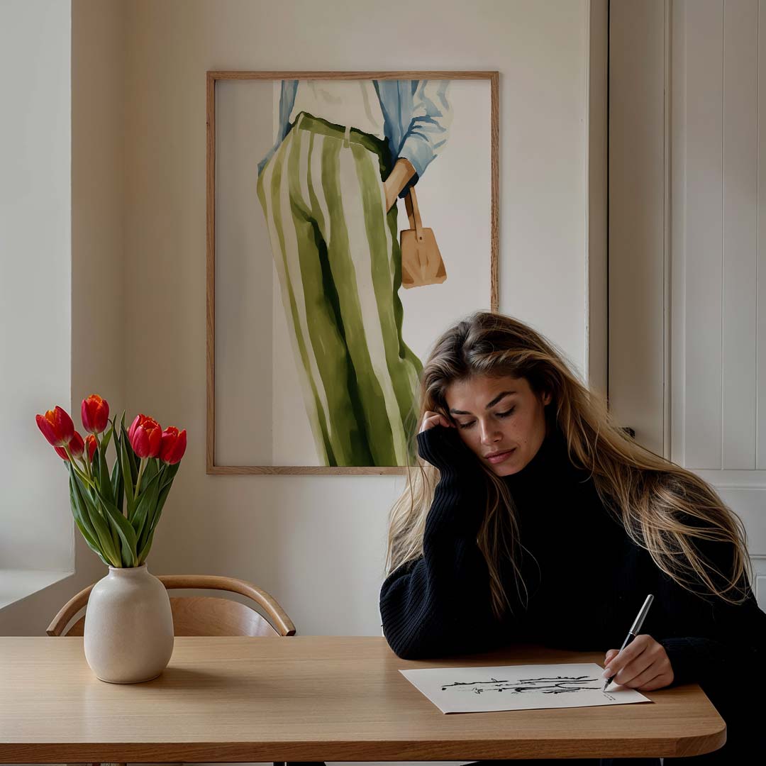 Stijlvolle Groen-Witte Strepen – staande muurposter voor een modern interieur