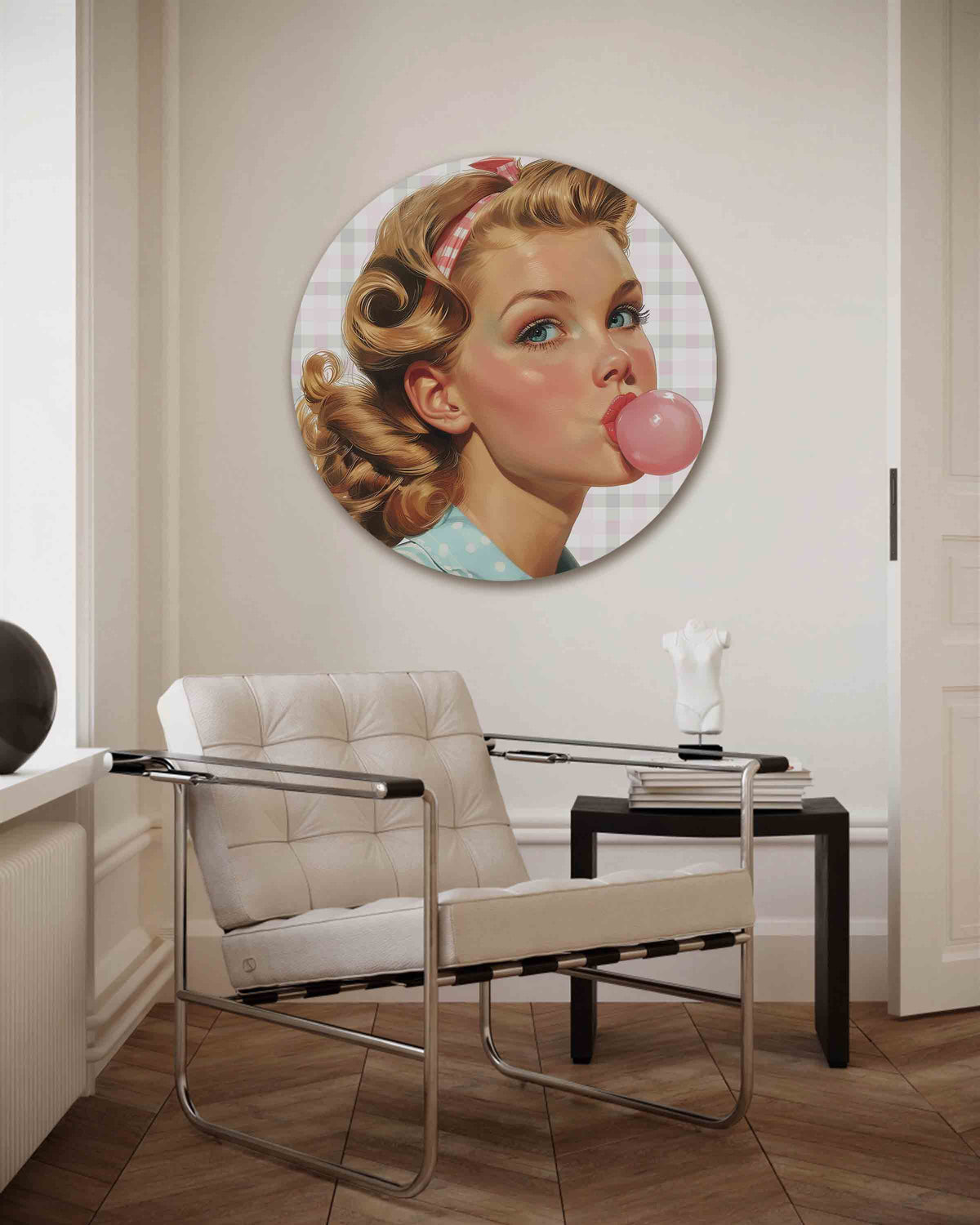 Portret met kauwgombel – Pop Art muurcirkel als ronde wanddecoratie