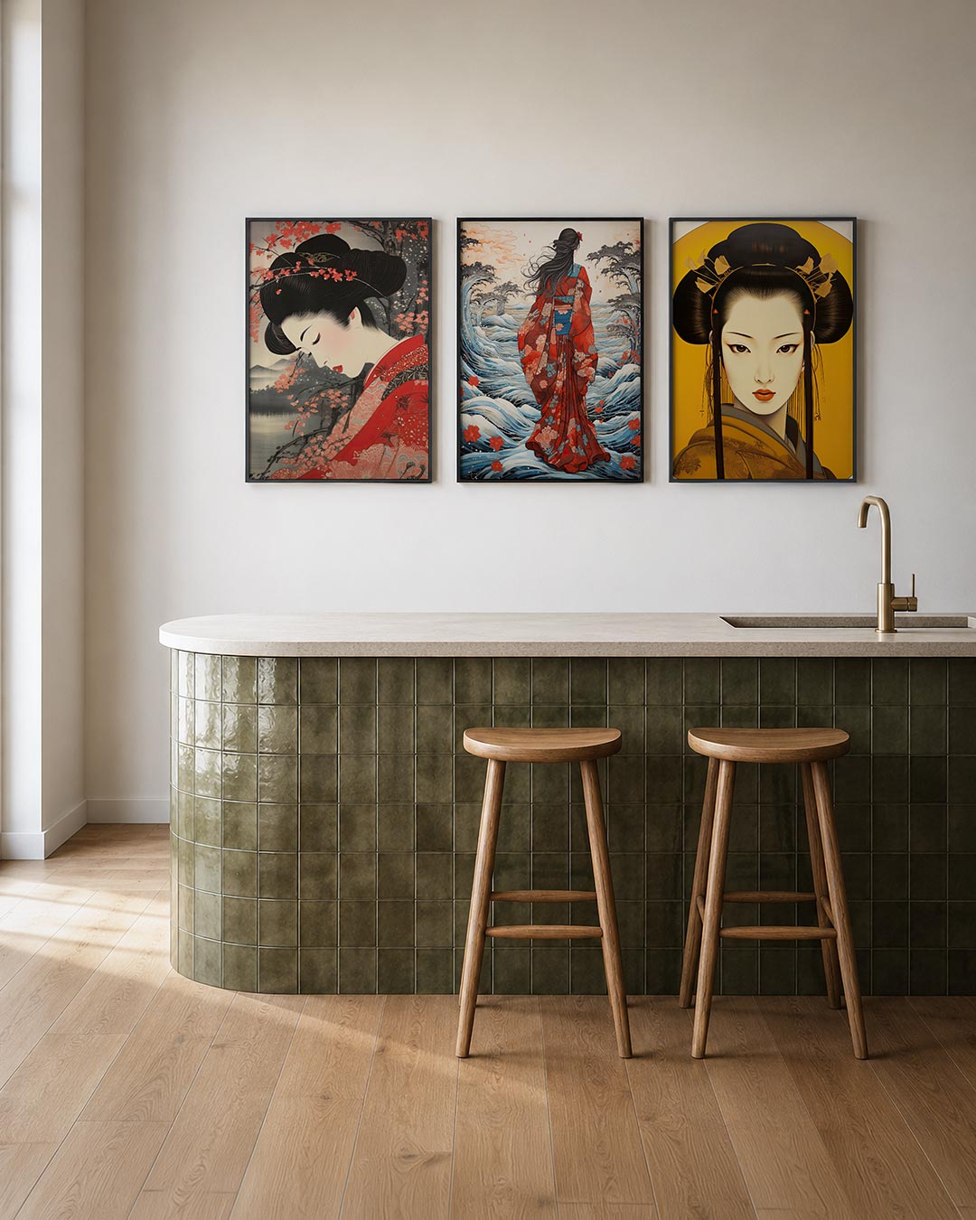 Bloesem en stille schoonheid posterset – tweede productweergave – een serene vrouw in rood met bloesemtakken