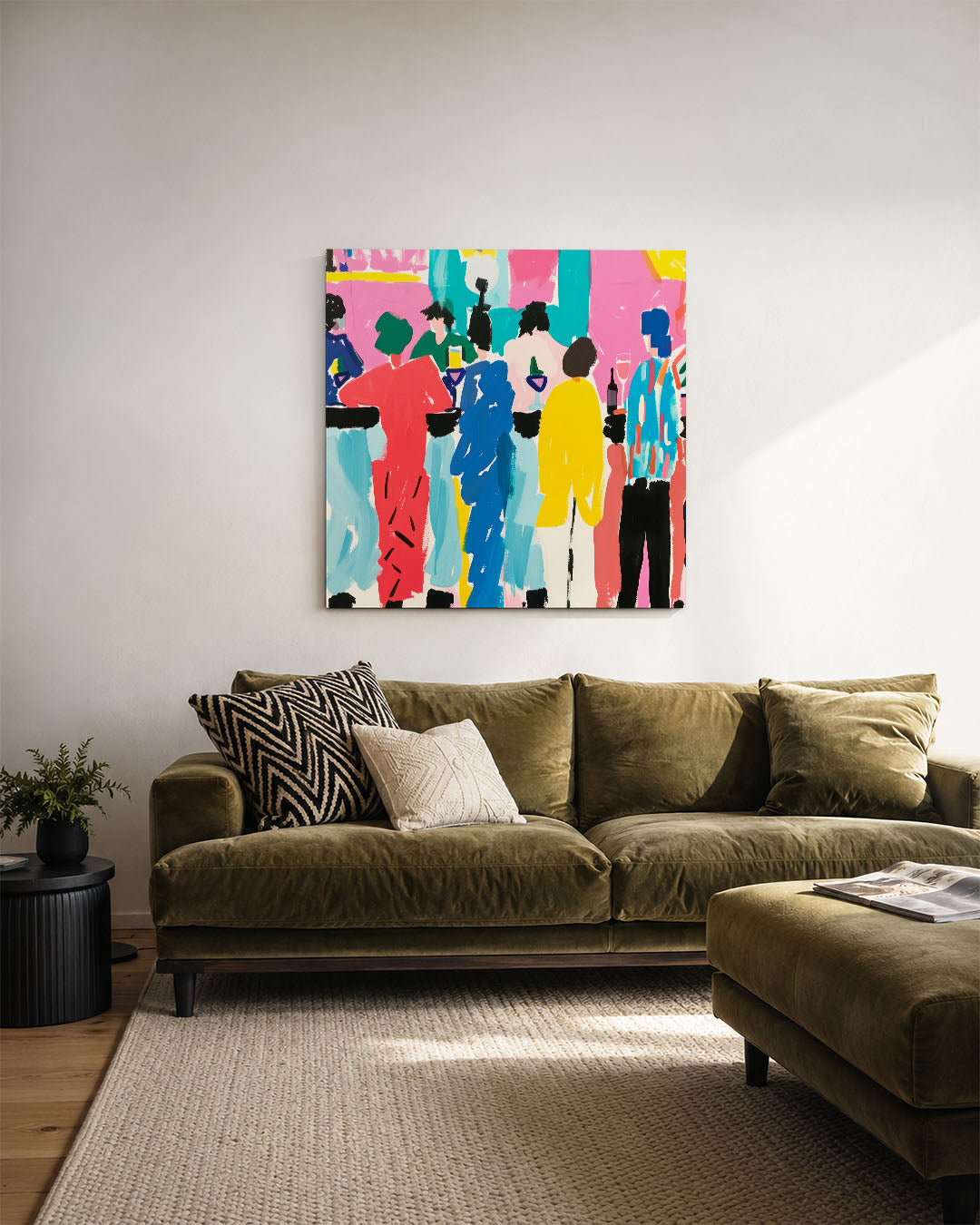 Kleurrijke figuren kunstwerk – derde productweergave – dit werk toont een levendige groep silhouetten in een dynamische