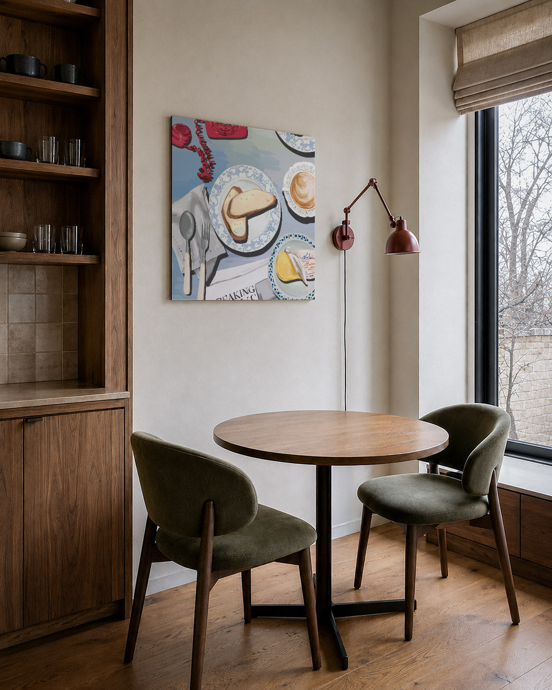 Ontbijt tafereel kunstwerk – derde productweergave – dit werk toont een tafel met brood, boter en een kop koffie. Heldere