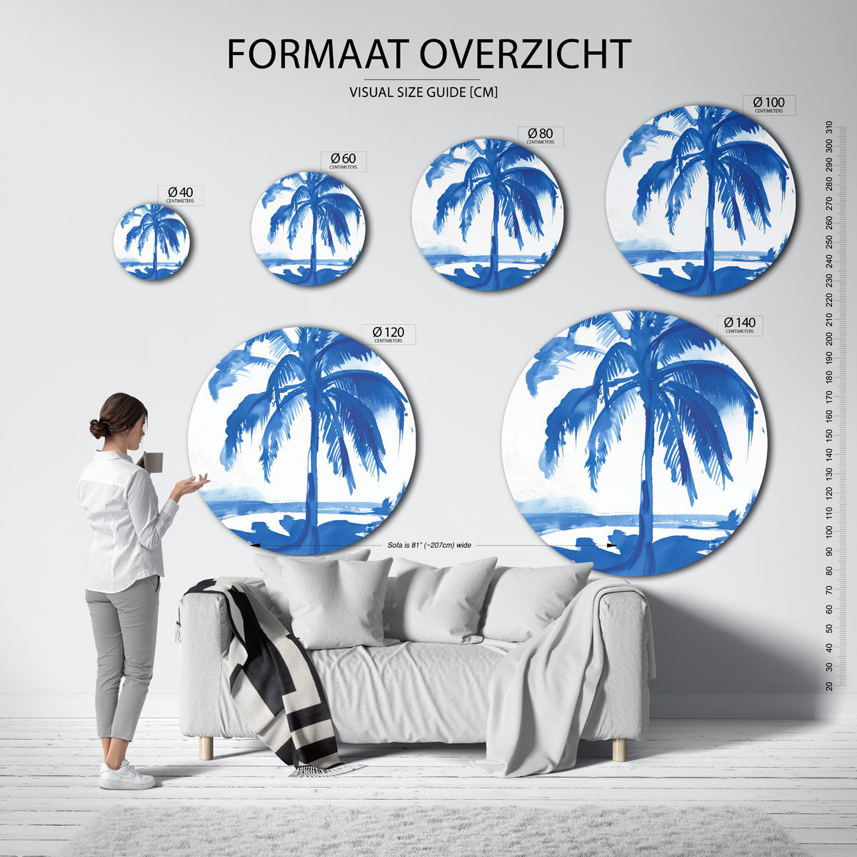 Blauwe palmboom – ronde muurdecoratie met kleur en vorm
