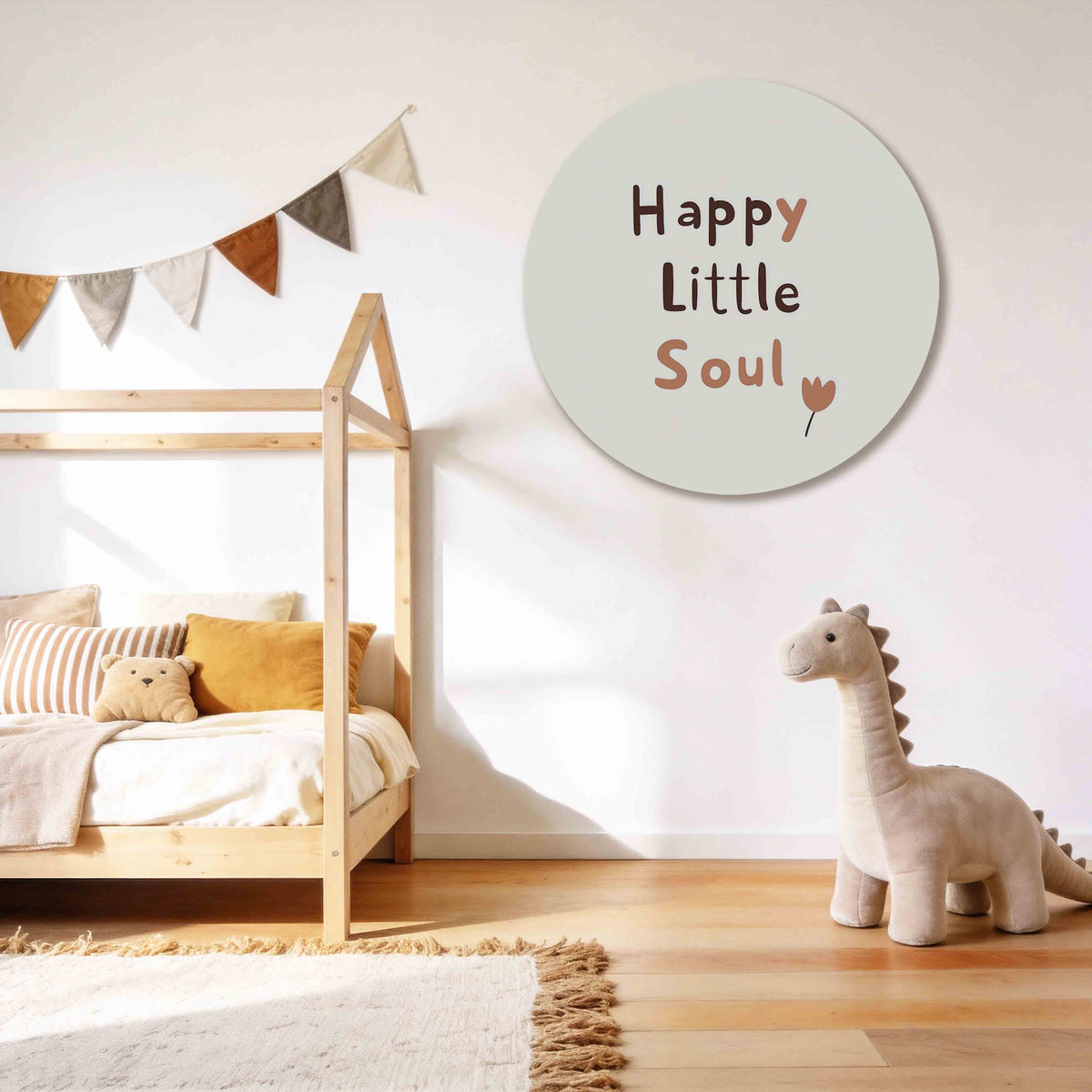 Happy little soul Muurcirkel – tweede productweergave – De muurcirkel toont de tekst 'Happy Little Soul' in bruine en beige