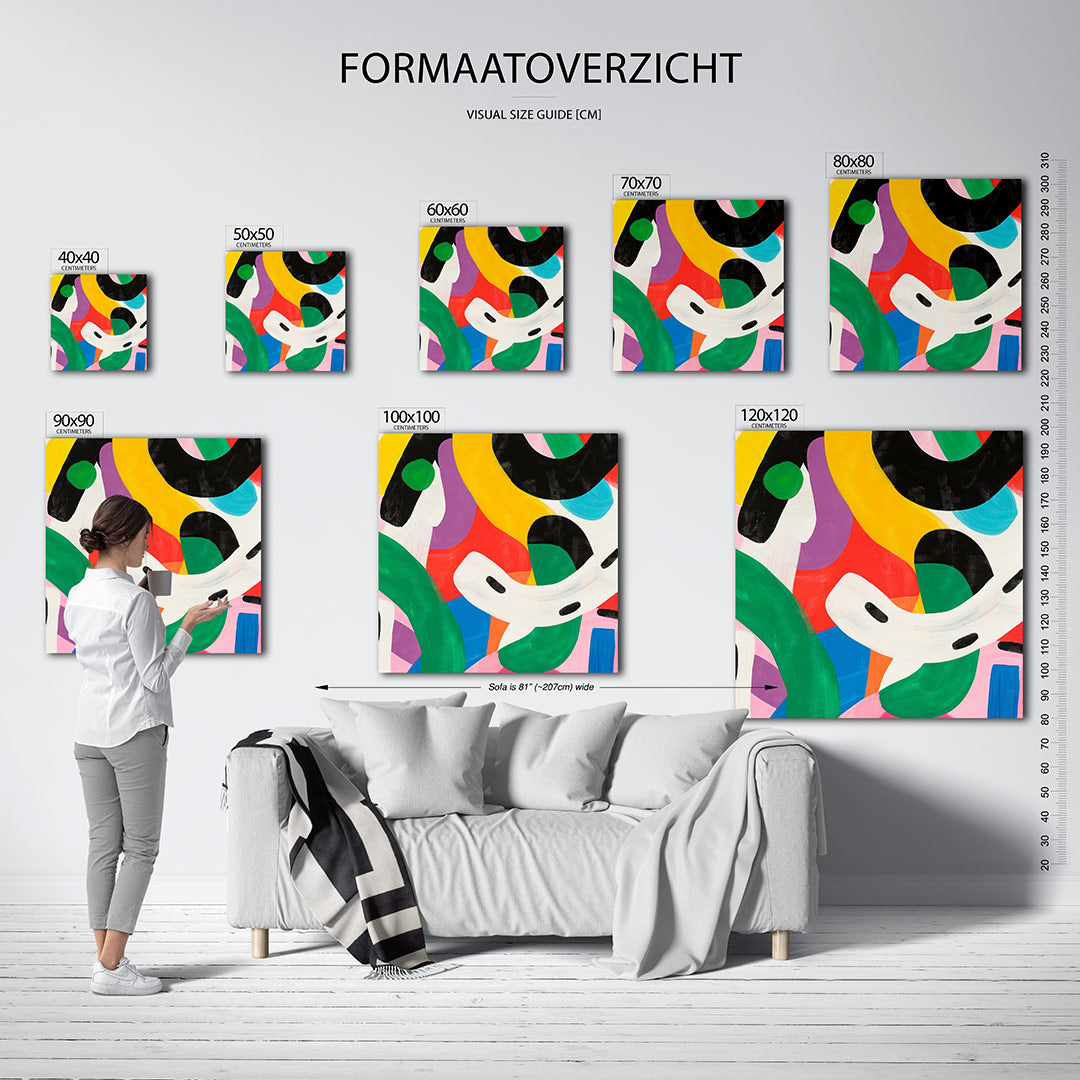 Dynamische kleurencompositie kunstwerk – sfeerbeeld – dit kunstwerk toont een levendige mix van gebogen en rechte lijnen in