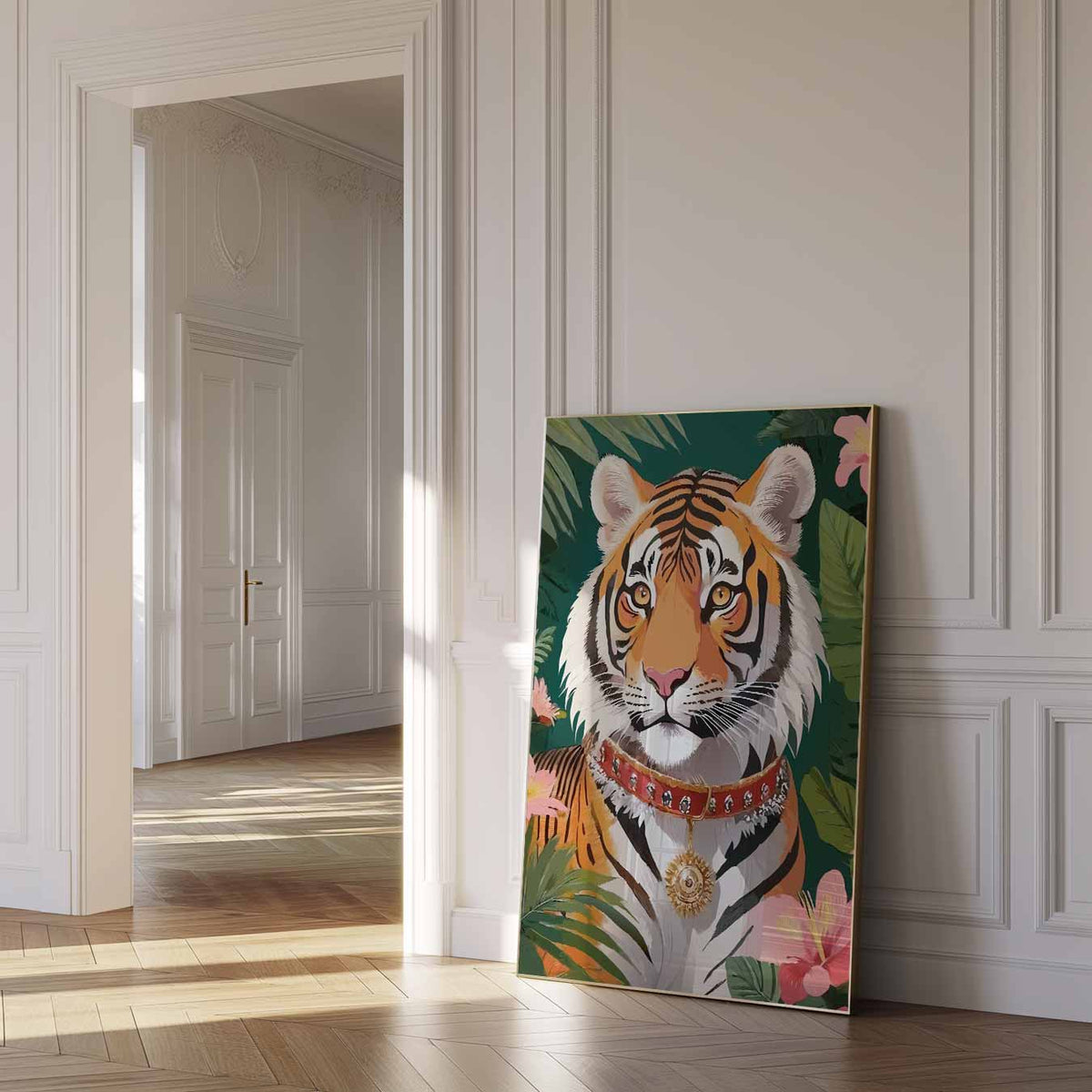 Elegante Tijger in Tropisch Paradijs – dierenposter als moderne staande wanddecoratie