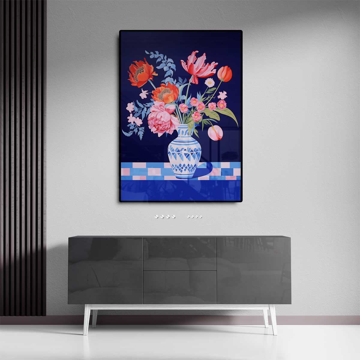 Bloemenpracht in Blauwe Vaas – dibond wanddecoratie in staand formaat