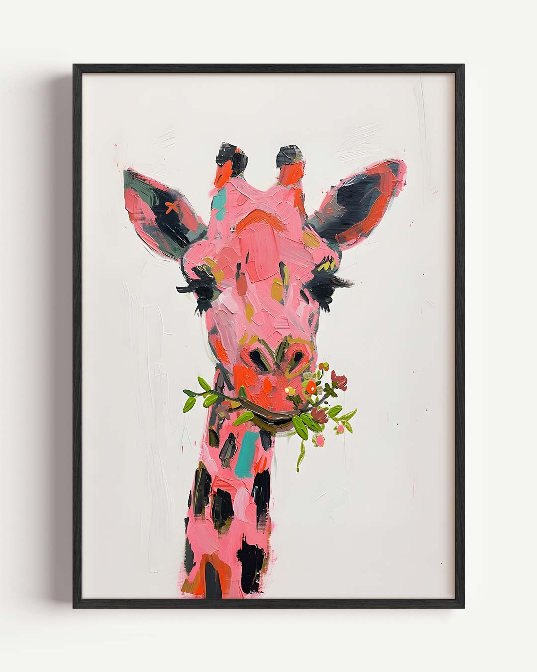 Kleurrijke Giraffe met Bloemen – Popart en Streetart portret poster als wanddecoratie