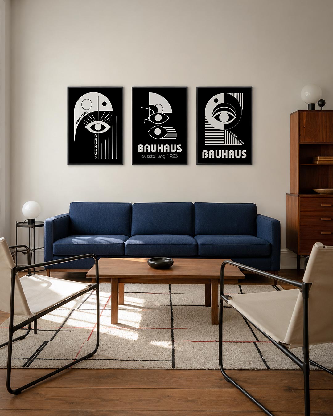 Oog en lijnen driedelige posterset – zwart-wit compositie met een groot oog centraal. Strakke lijnen en cirkels creëren een