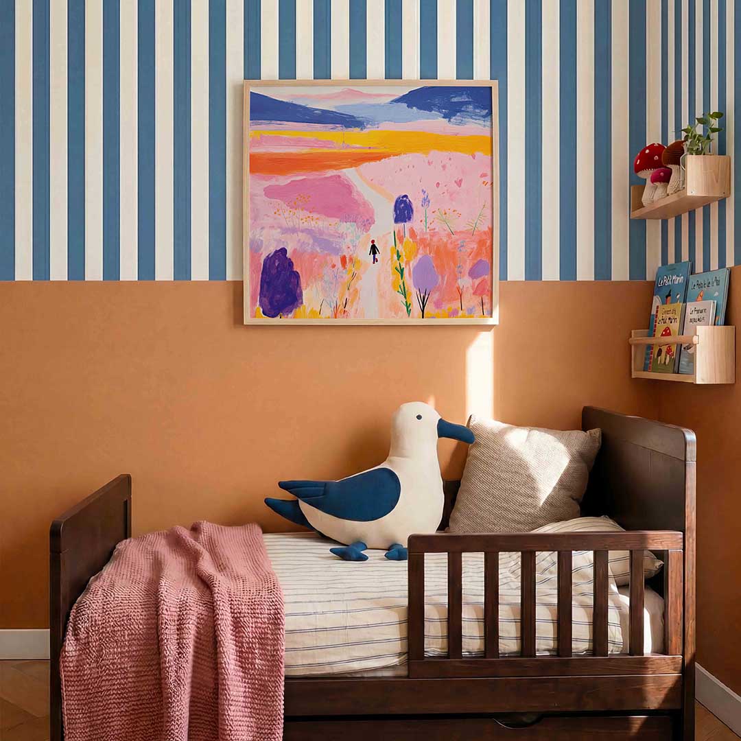 Wandelaar in kleurrijk landschap – kids poster in vierkant formaat