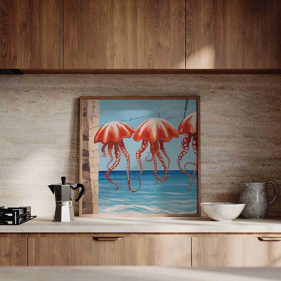 Rode kwallen boven zee – culinaire wandkunst als vierkante poster