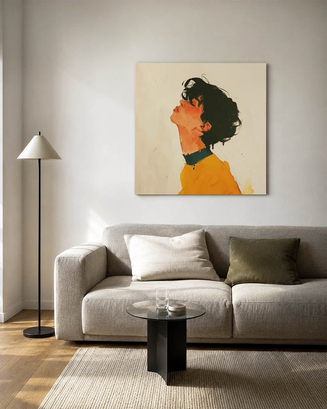 Portretstudie kunstwerk – vierkante wanddecoratie – dit werk toont een zijaanzicht van een persoon met een expressieve