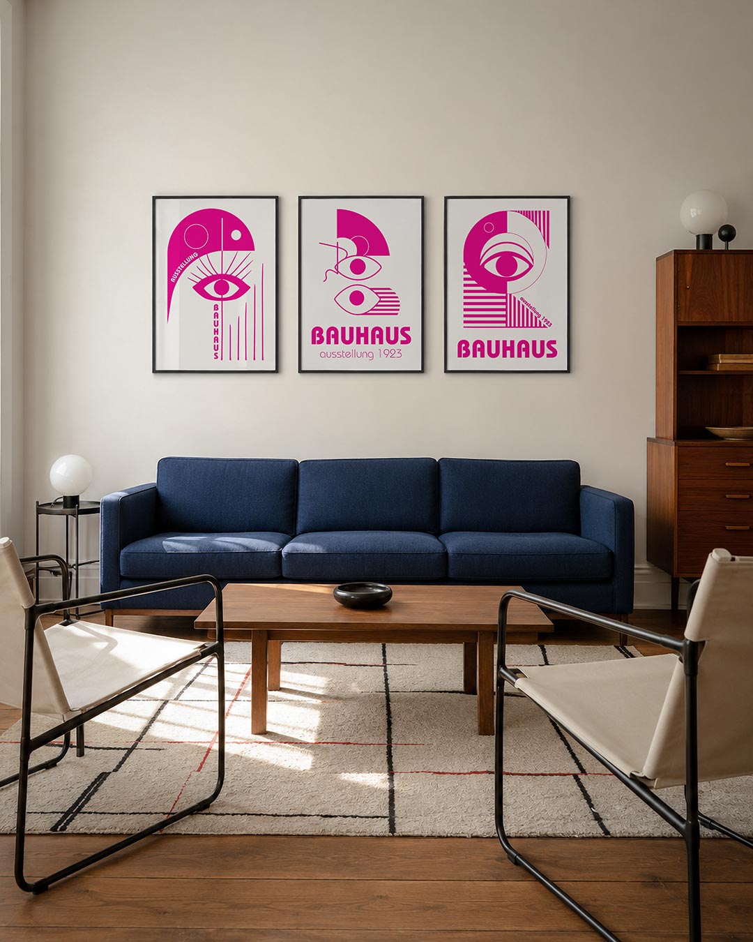 Oog en lijnen posterset – derde productweergave – felroze vormen en lijnen creëren een dynamisch spel rond een centraal oog.