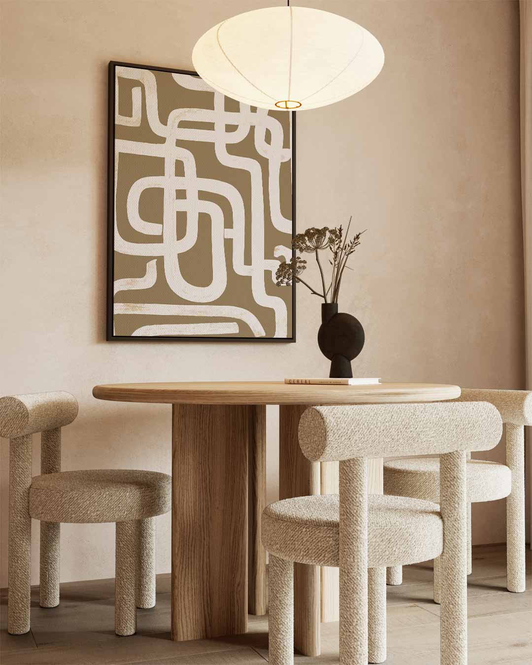 Abstract Labyrint Bruin – kunstwerk met zwarte baklijst