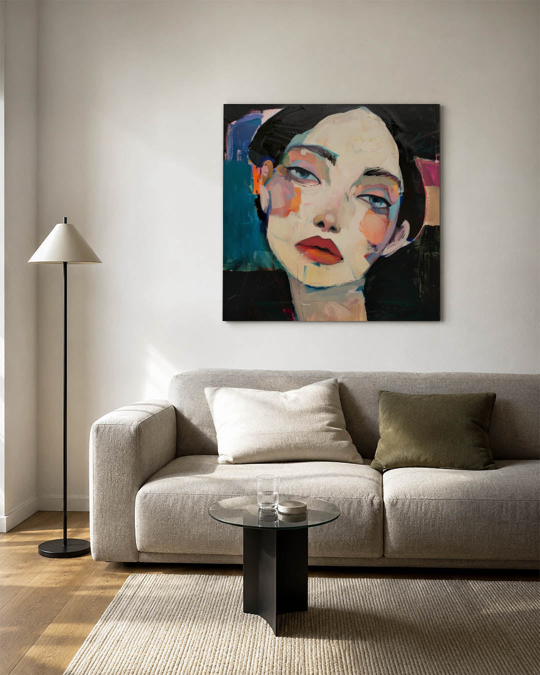 Abstracte kunstwerk – vierkante wanddecoratie – dit kunstwerk toont een portret met levendige kleuren en dynamische