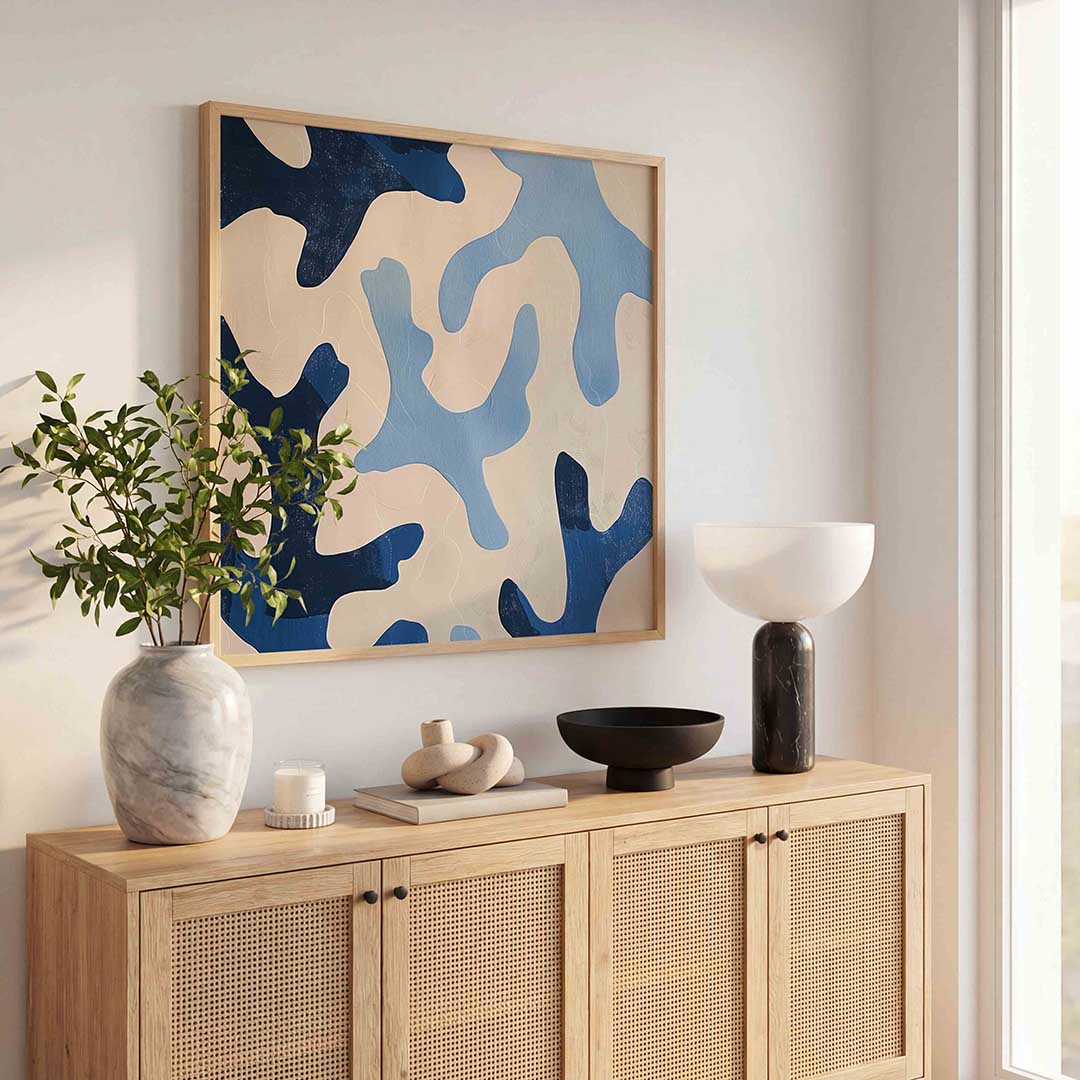 Abstracte blauwe vormen – kunst en design poster in vierkant formaat