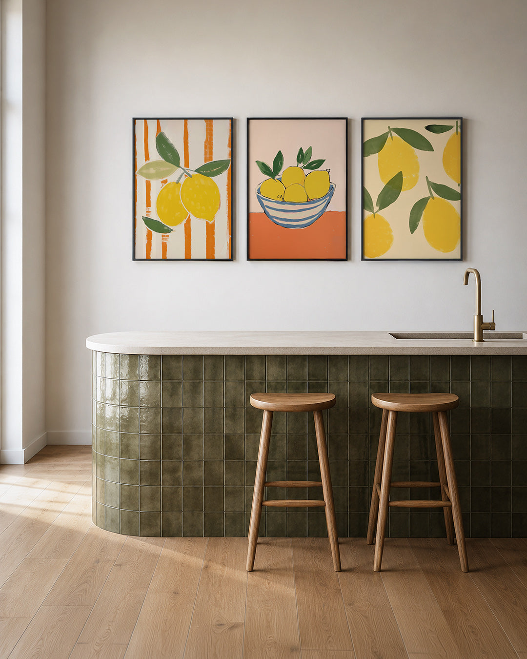 Citrus en strepen posterset – tweede productweergave – deze posterset in drie delen toont levendige gele citroenen met