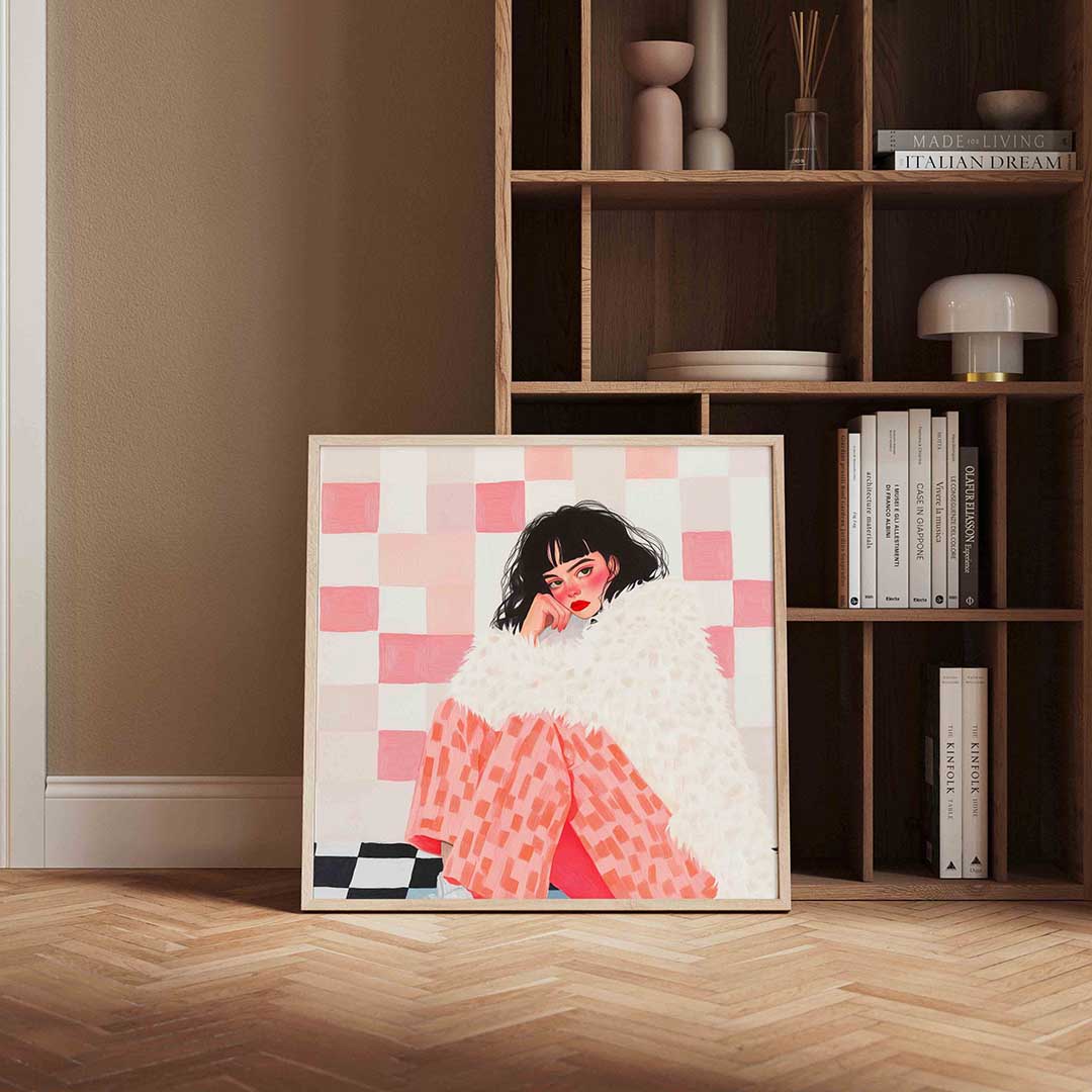 Vrouw met bontjas – moderne poster in vierkant formaat