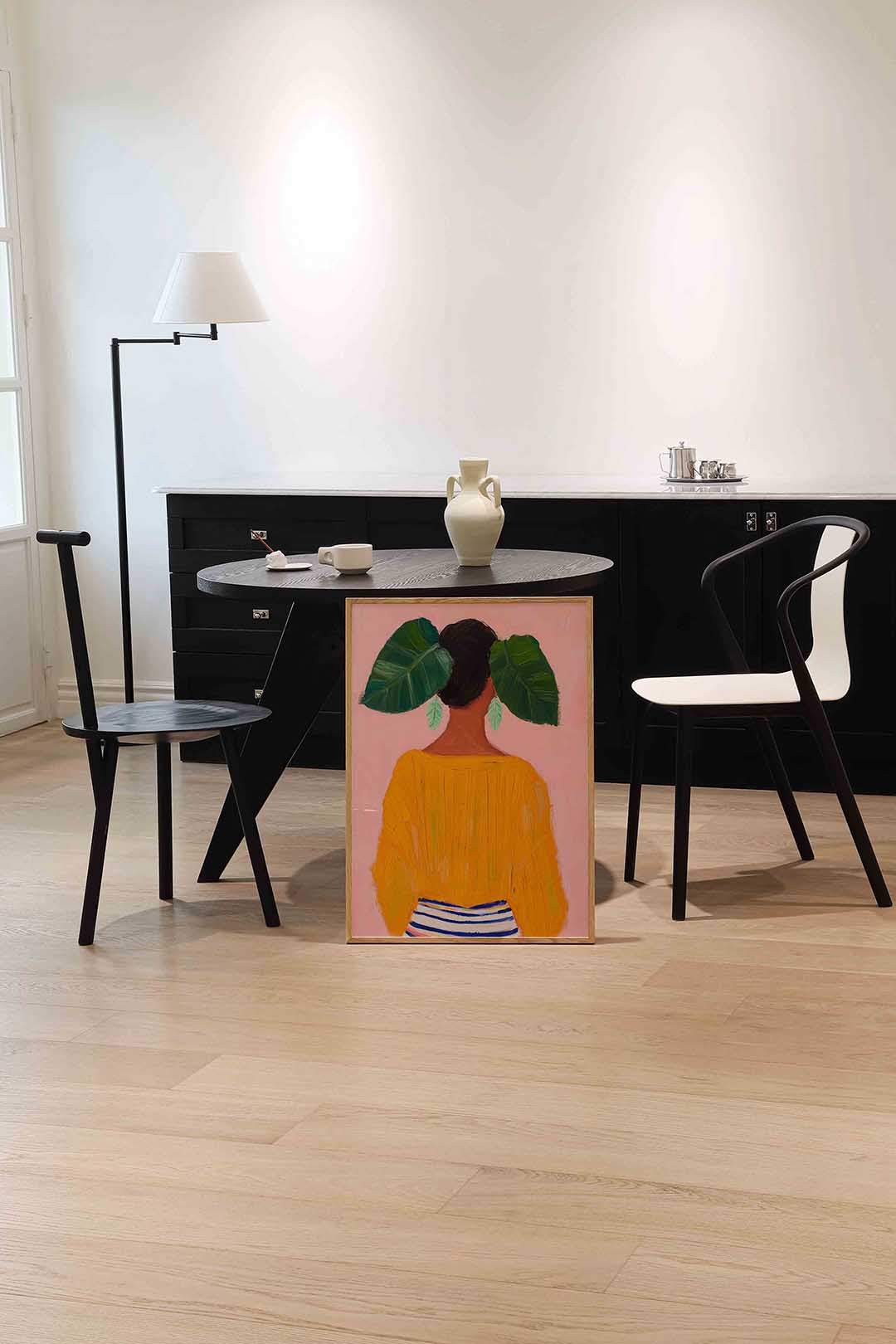 Vrouw met groene bladeren – moderne wandkunst als portret poster