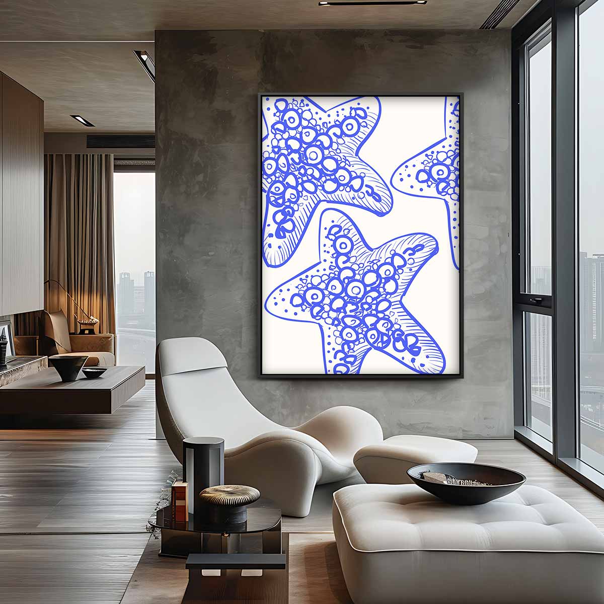 Zeesterren in Blauw – canvas wanddecoratie in portret formaat