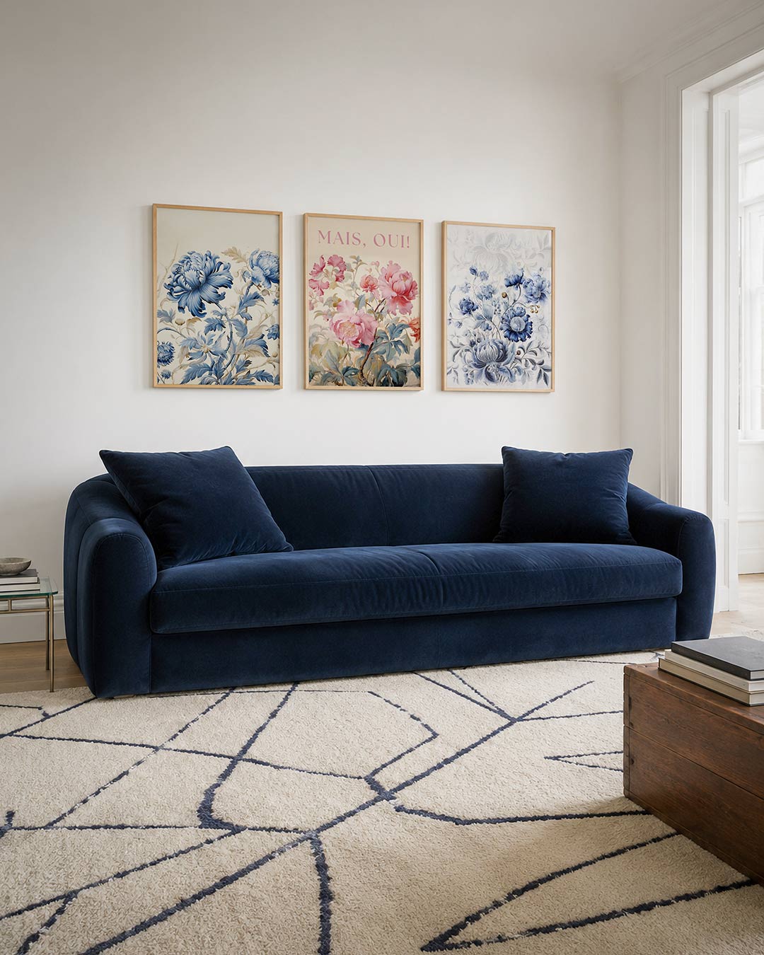 Bloemrijke verfijning driedelige posterset – deze posterset in drie delen toont sierlijke blauwe bloemen