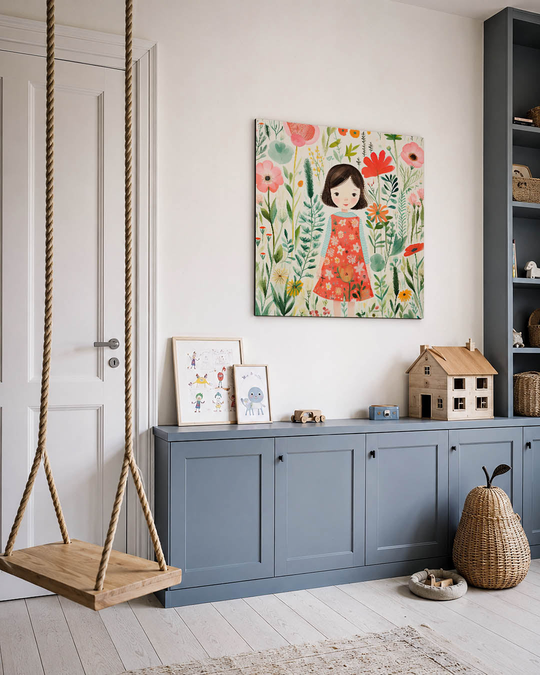 Illustratie kunstwerk – vierkante wanddecoratie – dit werk toont een meisje in een kleurrijke bloemenzee. De levendige