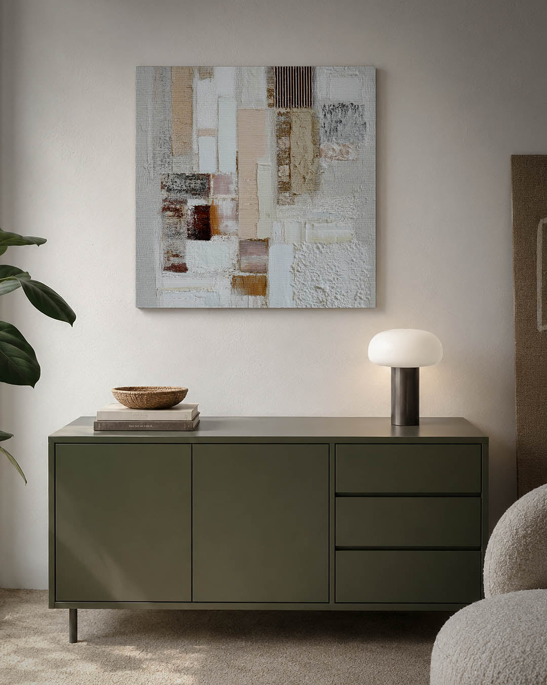 Geometrische texturen kunstwerk – detailweergave – dit werk toont een compositie van rechthoekige vormen in zachte tinten. De