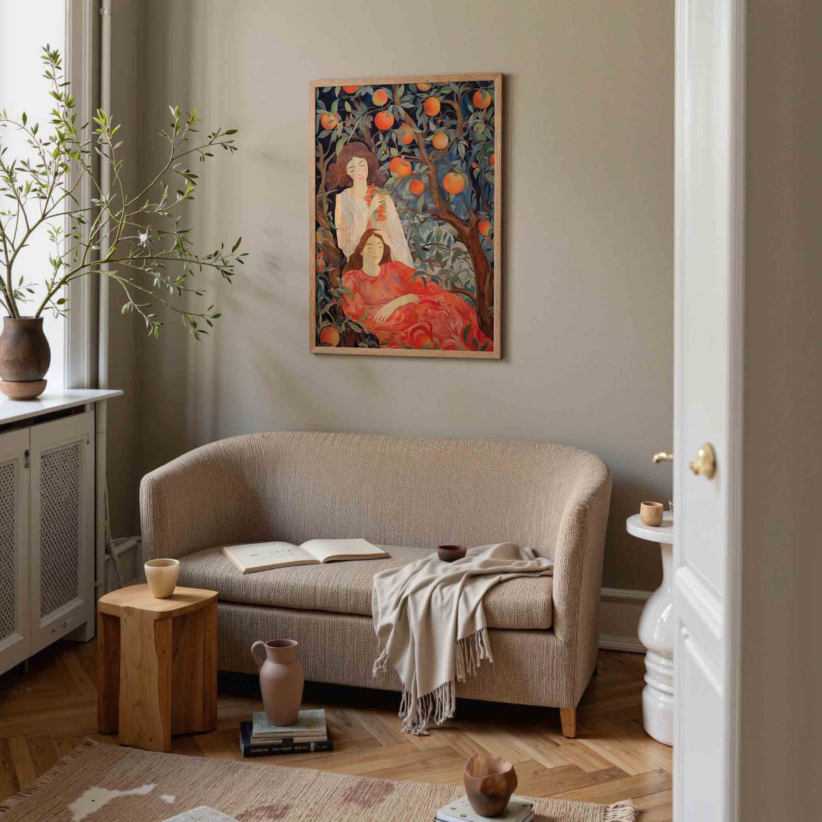 Twee vrouwen onder sinaasappelboom – botanische poster in staand formaat