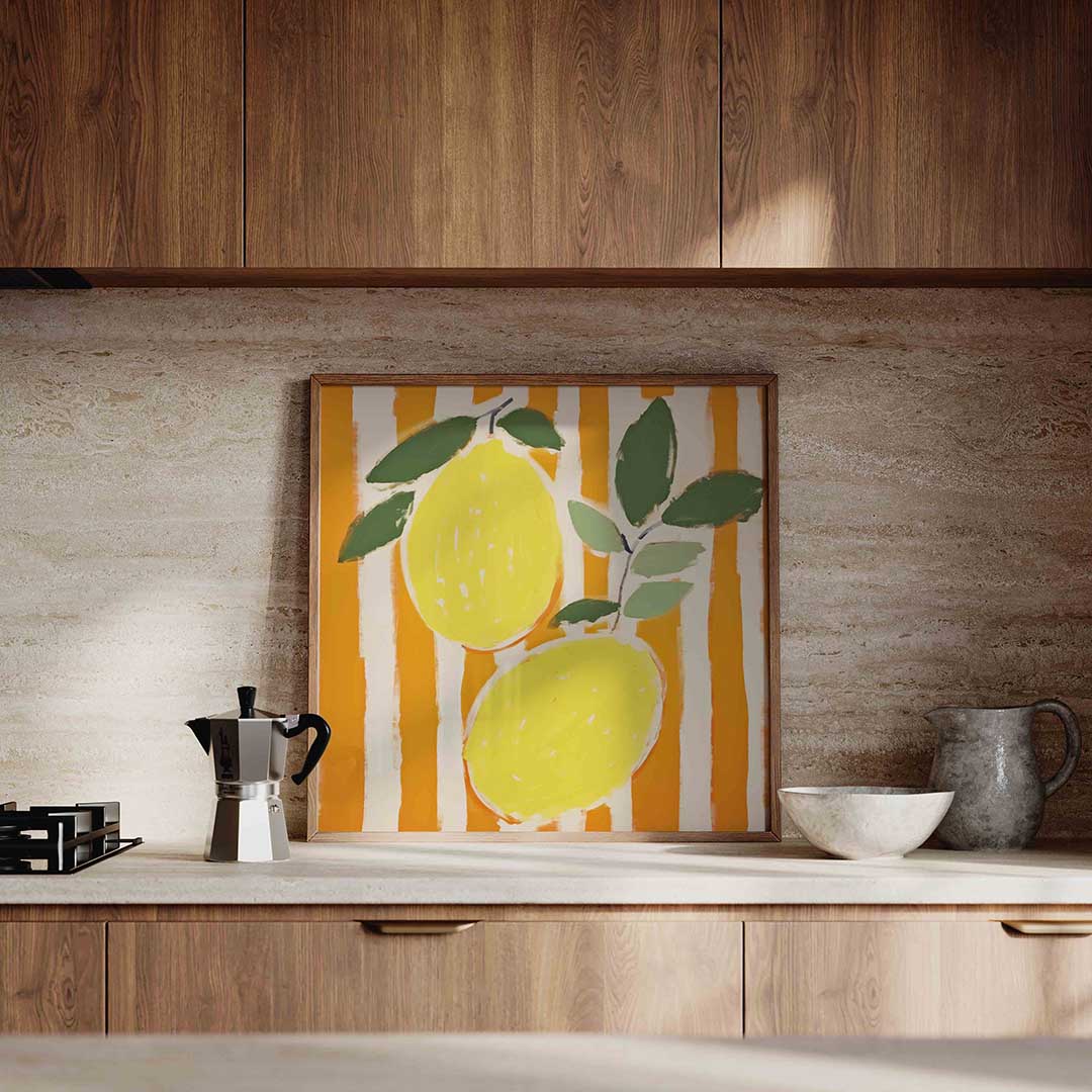 Citroenen met bladeren – culinaire wandkunst als vierkante poster