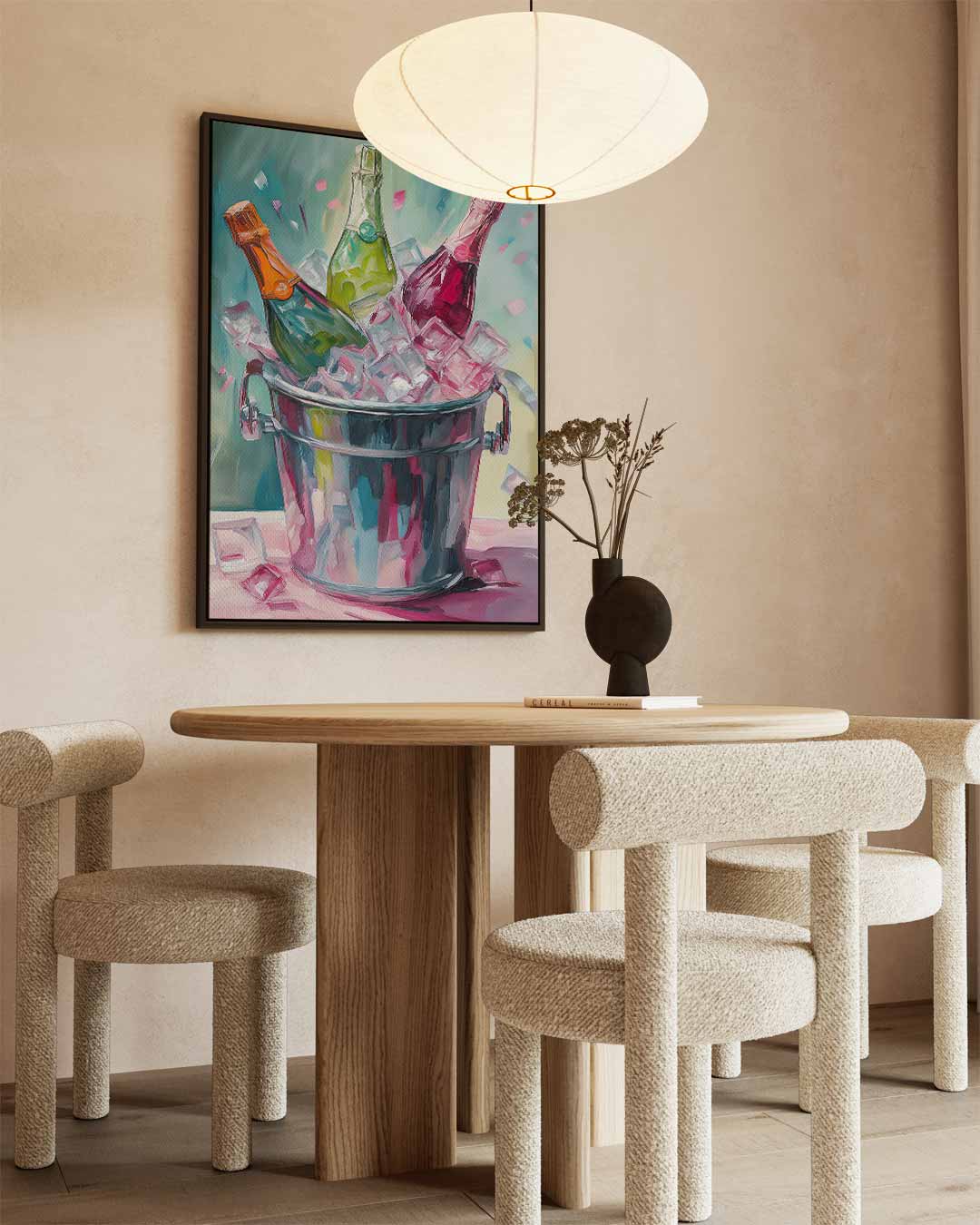 Drie Champagneflessen op IJs – canvas wanddecoratie in portret formaat