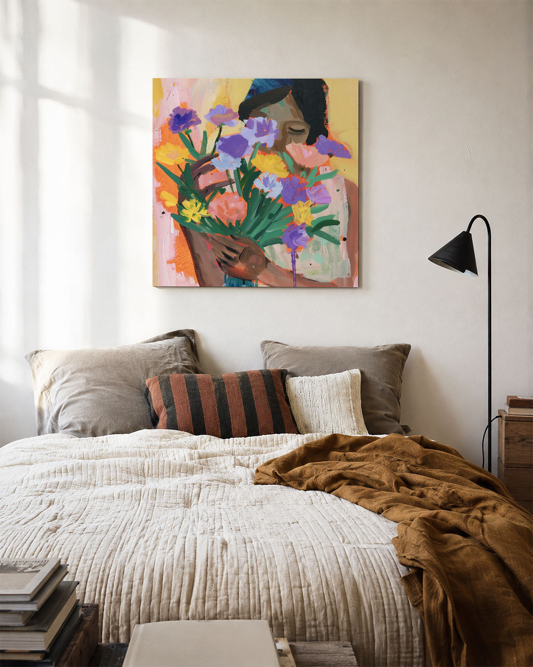 Bloemen en vrouw kunstwerk – detailweergave – dit kunstwerk toont een vrouw met een kleurrijk boeket bloemen. De levendige