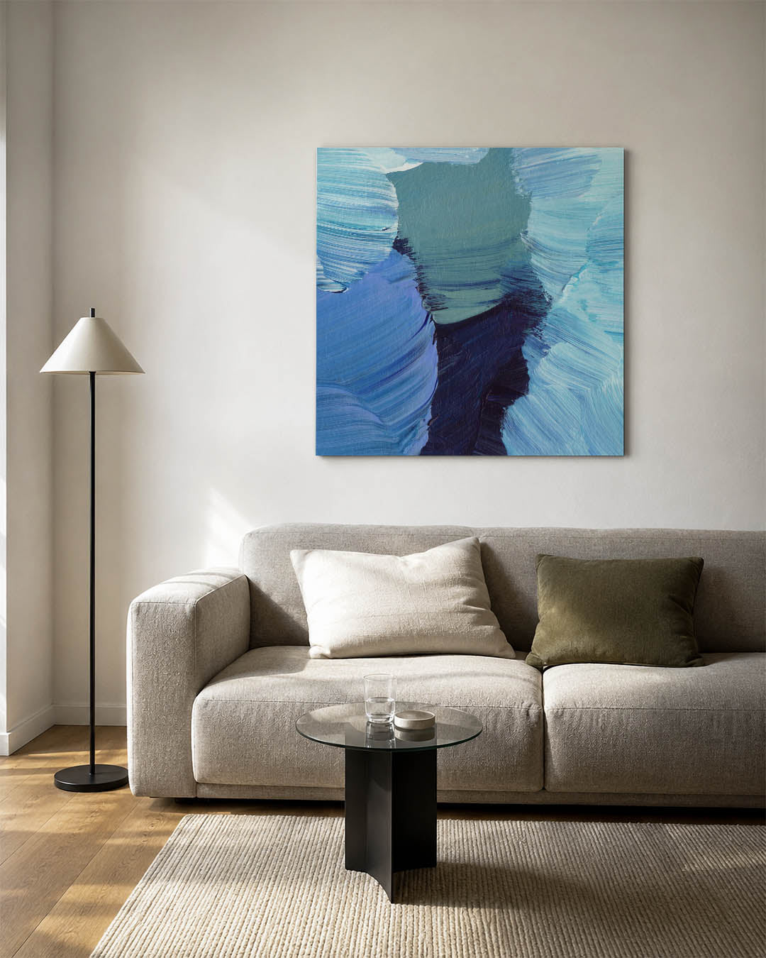 Dynamische blauwtinten kunstwerk – detailweergave – dit kunstwerk toont een levendige compositie van blauwe en groene tinten