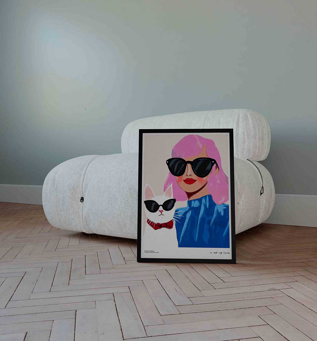 Vrouw en kat met zonnebrillen – Streetart wandkunst als portret poster