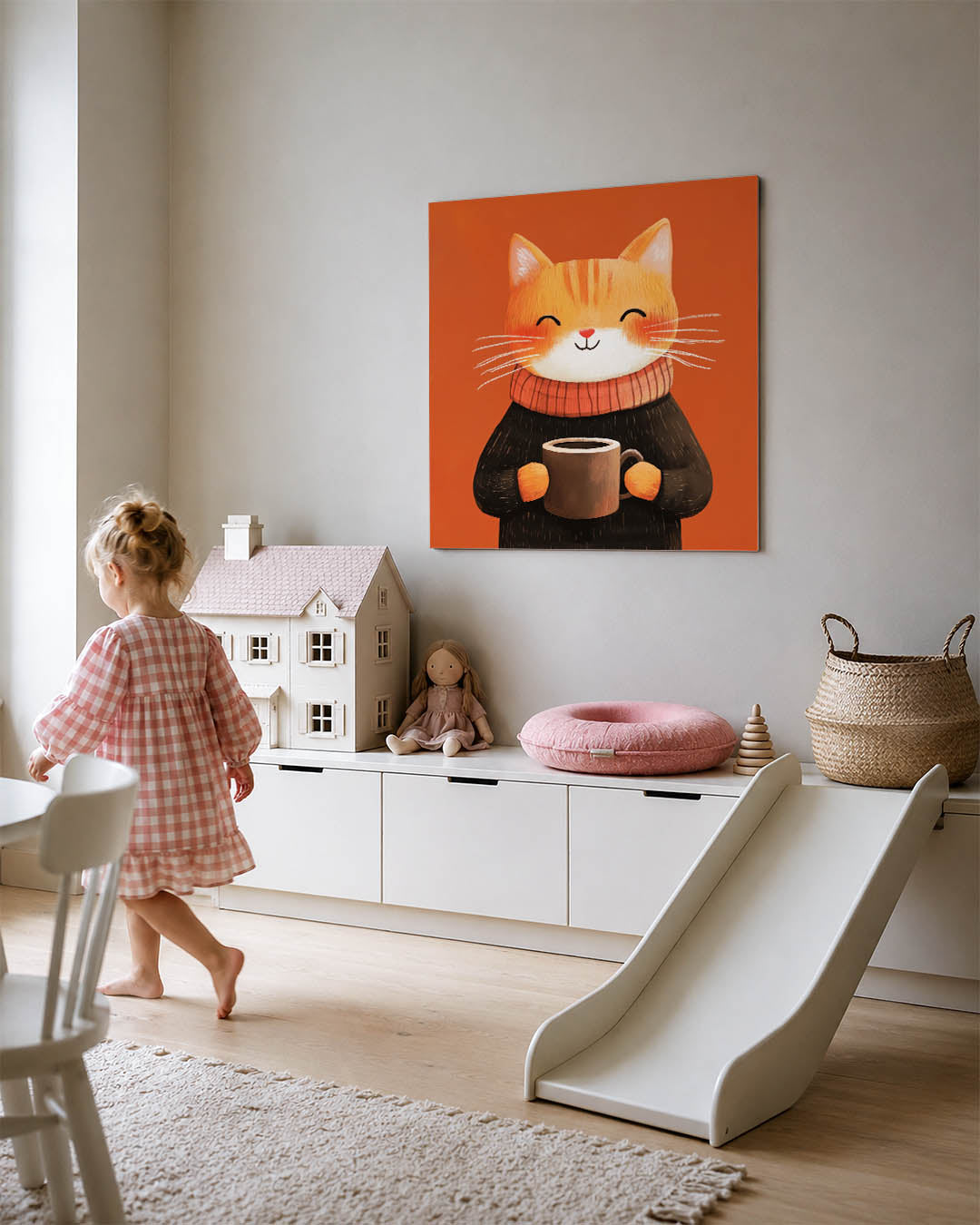 Vrolijke kat illustratie kunstwerk – tweede productweergave – een vrolijke kat met een warme trui en een kopje koffie tegen